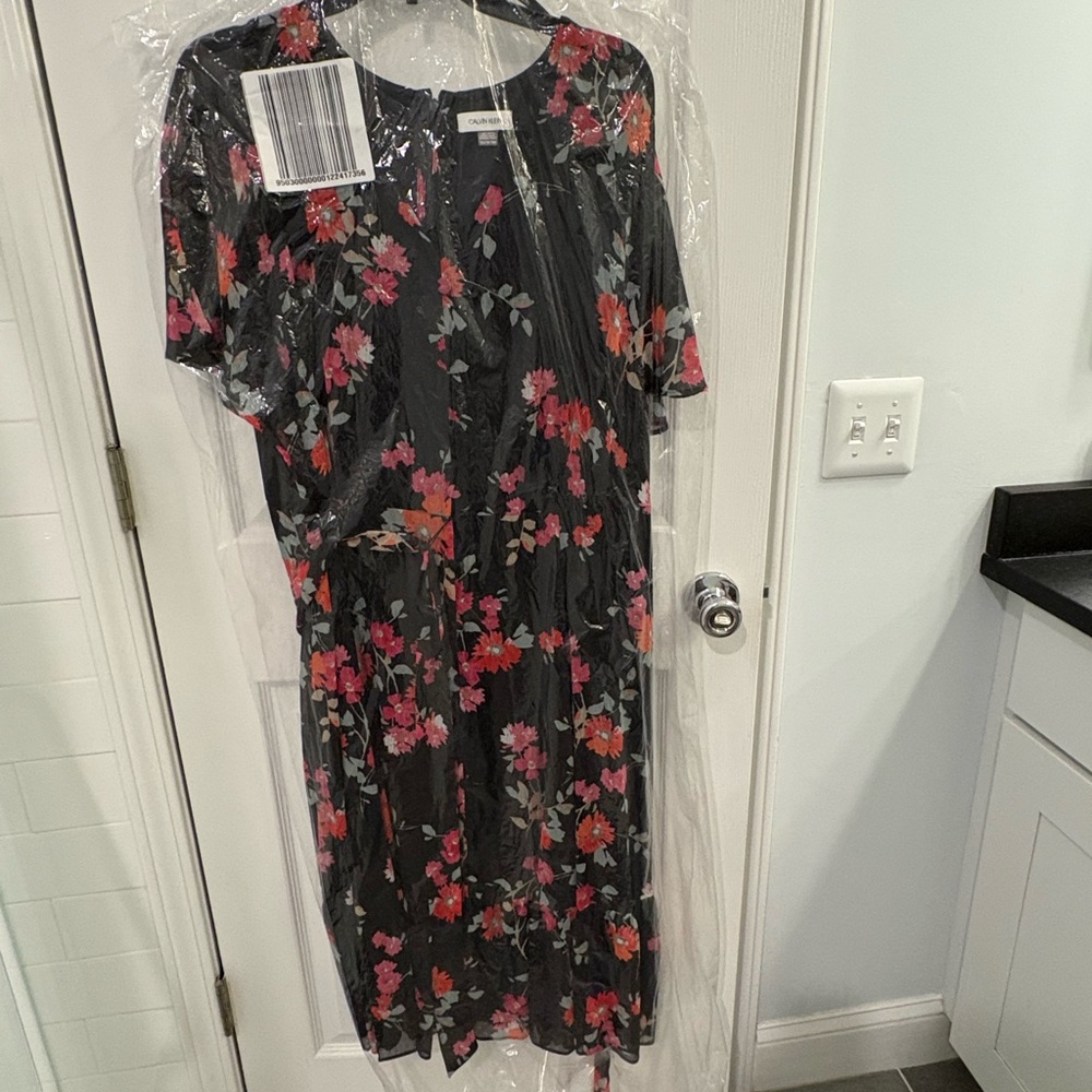 Calvin Klein Pink and Black Ruffled Tiered Midi Dress - Picture 4 of 6